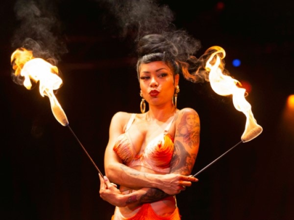 Heather Holiday during her fire-breathing act
