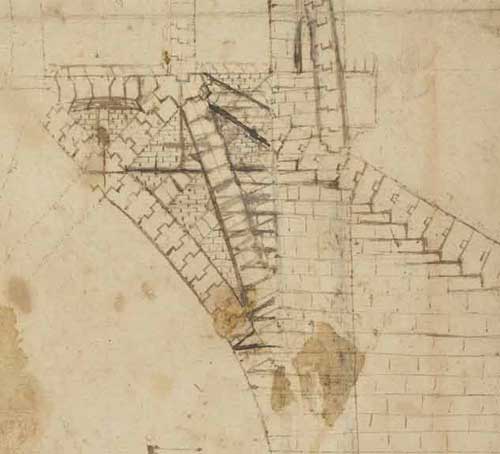 米蘭大教堂截面，約創作於 1487 年—達文西《大西洋手稿》(Codex Atlanticus) 90 F.850 右頁