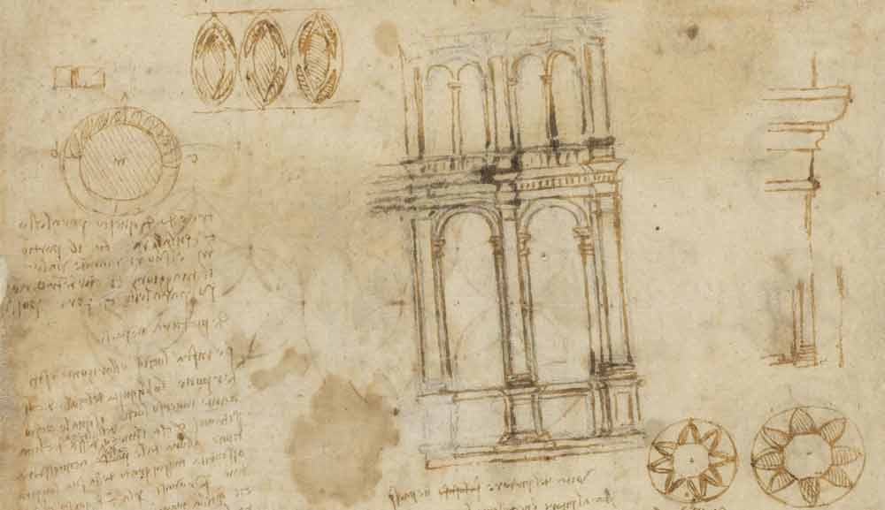 拱廊圖紙，約創作於 1516 年—達文西《大西洋手稿》(Codex Atlanticus) F.505 左頁