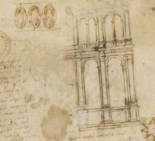 拱廊圖紙，約創作於 1516 年—達文西《大西洋手稿》(Codex Atlanticus) F.505 左頁
