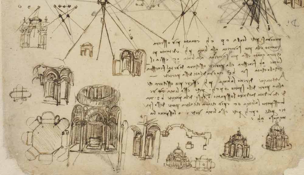 中央規劃教堂研究，約創作於 1508 年—達文西《大西洋手稿》(Codex Atlanticus) F.104 右頁