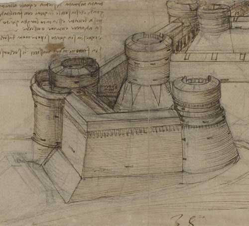 方形堡壘研究，創作於 1507 年—達文西《大西洋手稿》(Codex Atlanticus) F.117 右頁