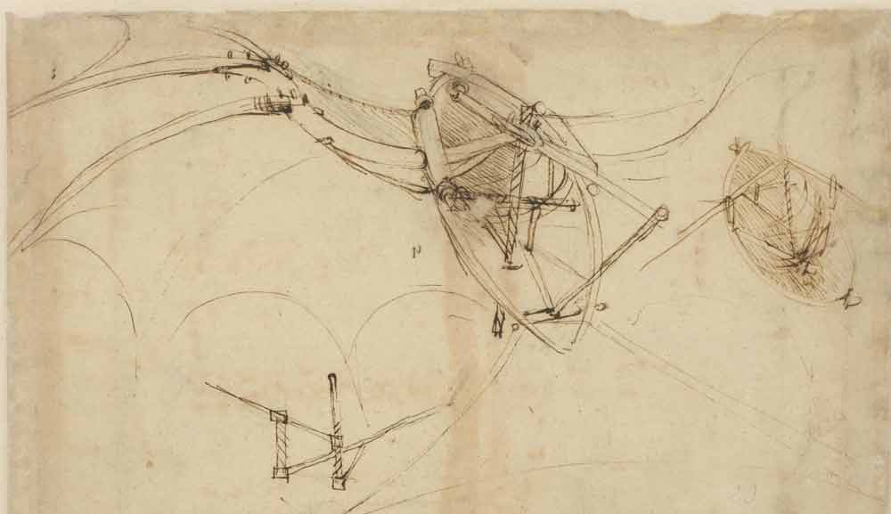 飛行機，創作於 1478 年—達文西《大西洋手稿》(Codex Atlanticus) 90 F.860 右頁