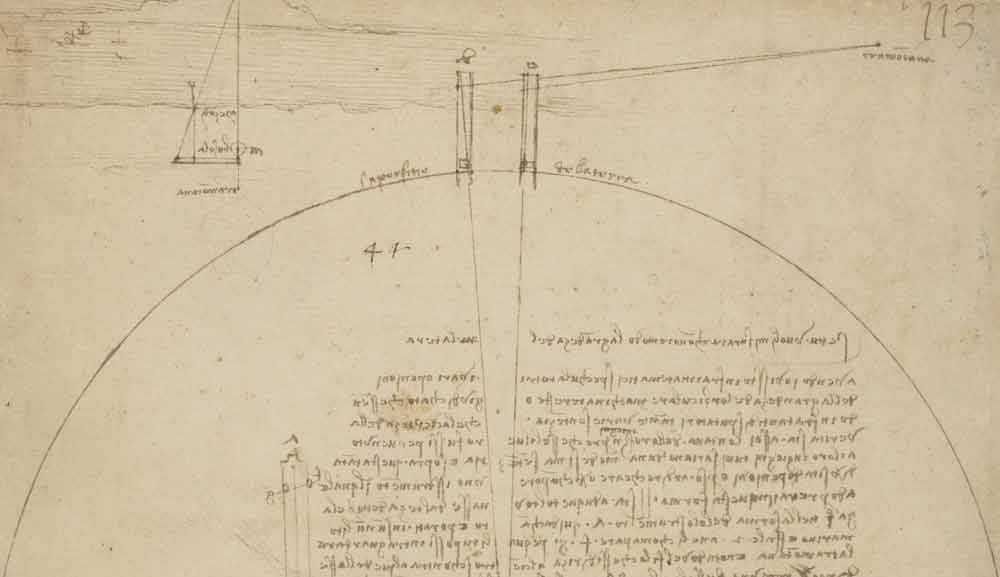 測量地球尺寸的儀器，創作於 1490 年—達文西《大西洋手稿》(Codex Atlanticus) F.727 右頁