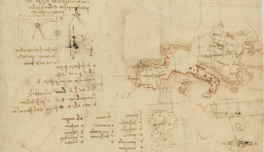 測量地球尺寸的儀器，創作於 1490 年—達文西《大西洋手稿》(Codex Atlanticus) F.727 右頁
