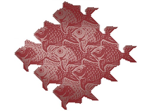 M.C.埃舍爾，R. Hassel，魚鱗 III，拉絲鋁上的黑、紅、金色變體