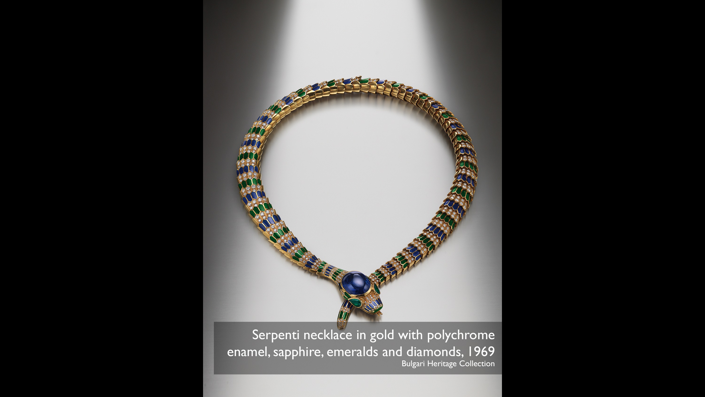 Serpenti necklace in gold with polychrome enamel, sapphire, emeralds and diamonds, 1969 Bulgari Heritage Collection