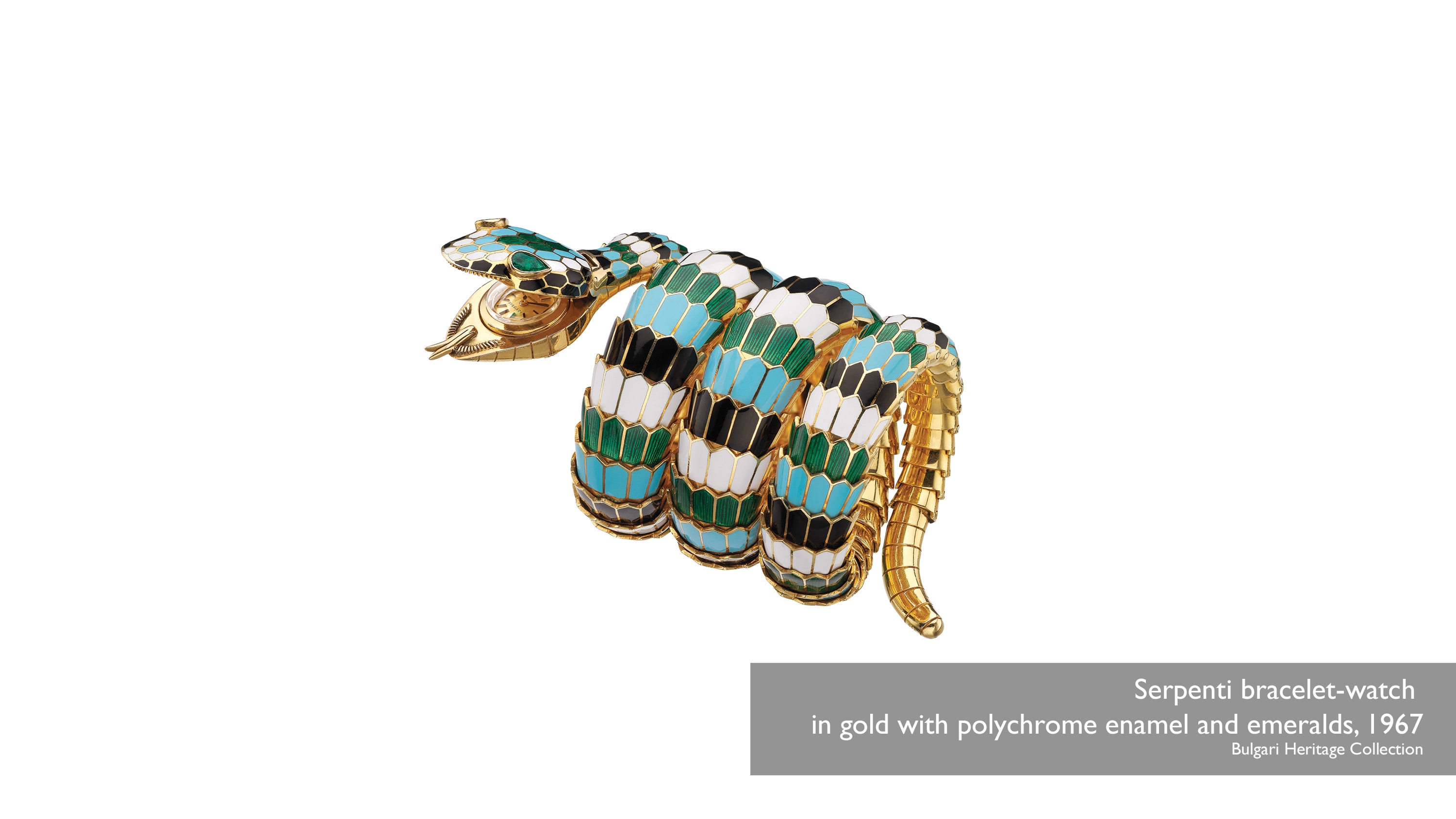 Serpenti bracelet-watch in gold with polychrome enamel and emeralds, 1967 Bulgari Heritage Collection