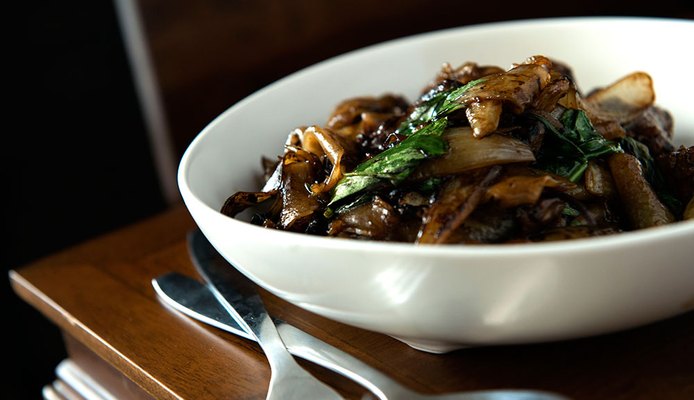 Charred Rice Noodles with Beef, Onions and Thai Basil