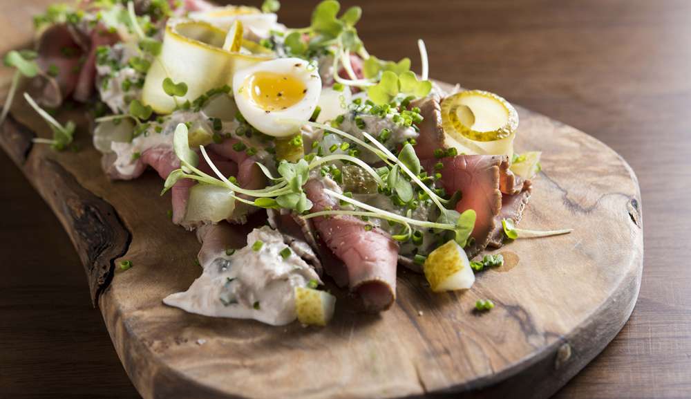 Bread Street Kitchen - Roasted veal carpaccio, dill pickles, quail’s egg, tuna dressing