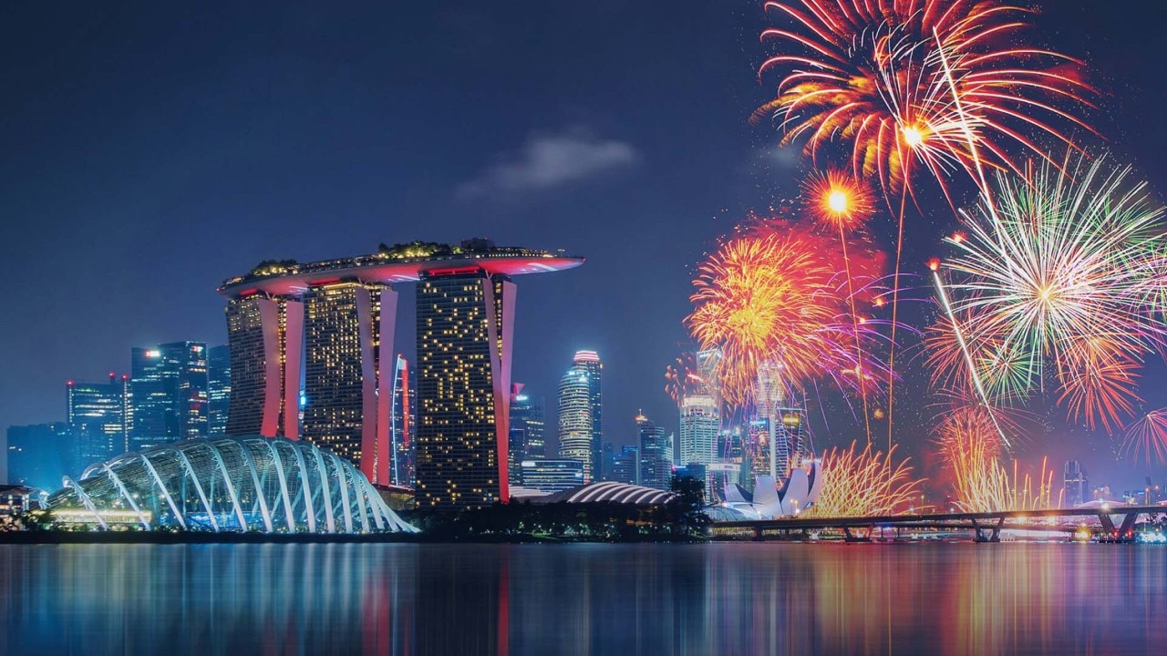 Fireworks display for the National Day celebrations around Marina Bay